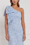 One Shoulder Light Blue 3D Floral Beaded Mermaid Bridesmaid Dress with Bow
