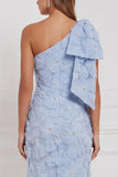 One Shoulder Light Blue 3D Floral Beaded Mermaid Bridesmaid Dress with Bow
