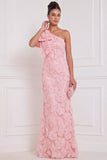 One Shoulder Light Blue 3D Floral Beaded Mermaid Bridesmaid Dress with Bow