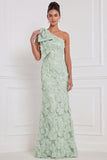 One Shoulder Light Blue 3D Floral Beaded Mermaid Bridesmaid Dress with Bow