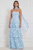 Pink 3D Floral Strapless A Line Bridesmaid Dress with Scarf