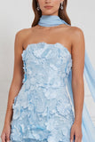 Pink 3D Floral Strapless A Line Bridesmaid Dress with Scarf