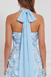 Pink 3D Floral Strapless A Line Bridesmaid Dress with Scarf