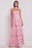 Pink 3D Floral Strapless A Line Bridesmaid Dress with Scarf