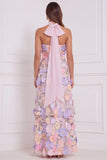 Pink 3D Floral Strapless A Line Bridesmaid Dress with Scarf