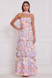 Pink 3D Floral Strapless A Line Bridesmaid Dress with Scarf