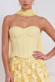 Strapless Corset A Line 3D Flower Yellow Bridesmaid Dress with Scarf