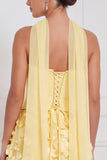 Strapless Corset A Line 3D Flower Yellow Bridesmaid Dress with Scarf