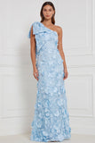 Pink One Shoulder 3D Flower Mermaid Bridesmaid Dress with Bow
