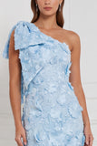 Pink One Shoulder 3D Flower Mermaid Bridesmaid Dress with Bow