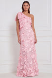 Pink One Shoulder 3D Flower Mermaid Bridesmaid Dress with Bow