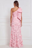 Pink One Shoulder 3D Flower Mermaid Bridesmaid Dress with Bow