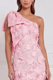 Pink One Shoulder 3D Flower Mermaid Bridesmaid Dress with Bow