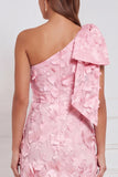 Pink One Shoulder 3D Flower Mermaid Bridesmaid Dress with Bow