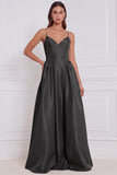 Olive Satin Spaghetti Straps A Line Long Bridesmaid Dress