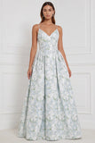 Blue White Flower Spaghetti Straps A Line Long Bridesmaid Dress