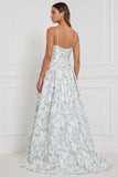 Blue White Flower Spaghetti Straps A Line Long Bridesmaid Dress