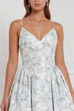 Blue White Flower Spaghetti Straps A Line Long Bridesmaid Dress