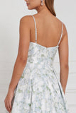Blue White Flower Spaghetti Straps A Line Long Bridesmaid Dress