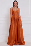 Olive Satin Spaghetti Straps A Line Long Bridesmaid Dress
