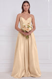 Olive Satin Spaghetti Straps A Line Long Bridesmaid Dress