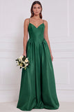 Olive Satin Spaghetti Straps A Line Long Bridesmaid Dress