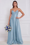 Olive Satin Spaghetti Straps A Line Long Bridesmaid Dress