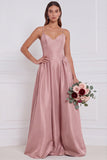 Olive Satin Spaghetti Straps A Line Long Bridesmaid Dress