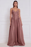 Olive Satin Spaghetti Straps A Line Long Bridesmaid Dress