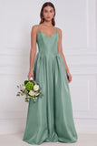 Olive Satin Spaghetti Straps A Line Long Bridesmaid Dress