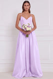 Olive Satin Spaghetti Straps A Line Long Bridesmaid Dress