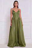 Olive Satin Spaghetti Straps A Line Long Bridesmaid Dress