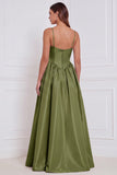 Olive Satin Spaghetti Straps A Line Long Bridesmaid Dress