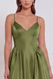 Olive Satin Spaghetti Straps A Line Long Bridesmaid Dress