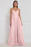 Olive Satin Spaghetti Straps A Line Long Bridesmaid Dress