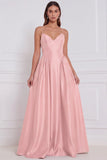 Olive Satin Spaghetti Straps A Line Long Bridesmaid Dress