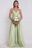 Olive Satin Spaghetti Straps A Line Long Bridesmaid Dress