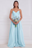 Olive Satin Spaghetti Straps A Line Long Bridesmaid Dress