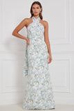 Floral Blue White Halter Mermaid Bridesmaid Dress with Scarf