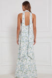Floral Blue White Halter Mermaid Bridesmaid Dress with Scarf