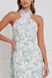 Floral Blue White Halter Mermaid Bridesmaid Dress with Scarf