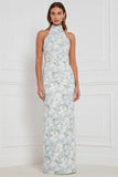 Halter Blue White Flower Sheath Bridesmaid Dress with Slit