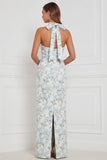 Halter Blue White Flower Sheath Bridesmaid Dress with Slit