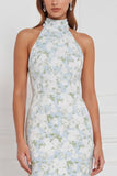 Halter Blue White Flower Sheath Bridesmaid Dress with Slit