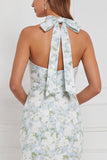 Halter Blue White Flower Sheath Bridesmaid Dress with Slit