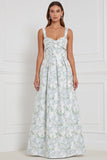 Printed Blue White Flower A Line Bow Long Bridesmaid Dress