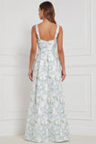 Printed Blue White Flower A Line Bow Long Bridesmaid Dress