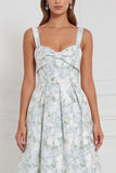 Printed Blue White Flower A Line Bow Long Bridesmaid Dress
