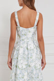 Printed Blue White Flower A Line Bow Long Bridesmaid Dress