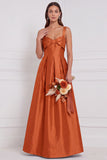Light Blue Satin A Line Bow Long Bridesmaid Dress